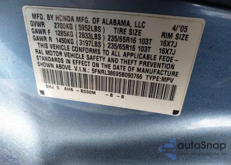 2005 Honda Odyssey Ex-L from USA, damaged, VIN 5FNRL38695B090766